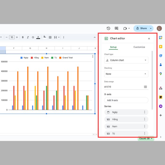 Cách tạo biểu đồ từ bảng Pivot Table trong Google trang tính