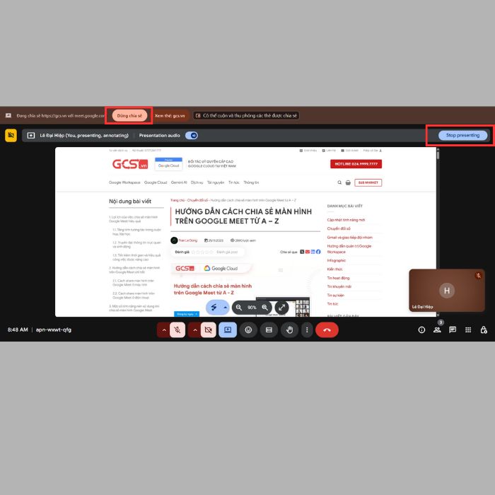 Cách share màn hình trên GG Meet cho máy tính, laptop
