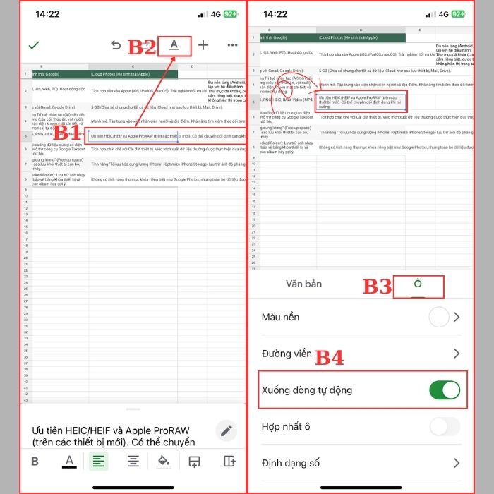 Cách xuống dòng trong Google Sheet trên điện thoại