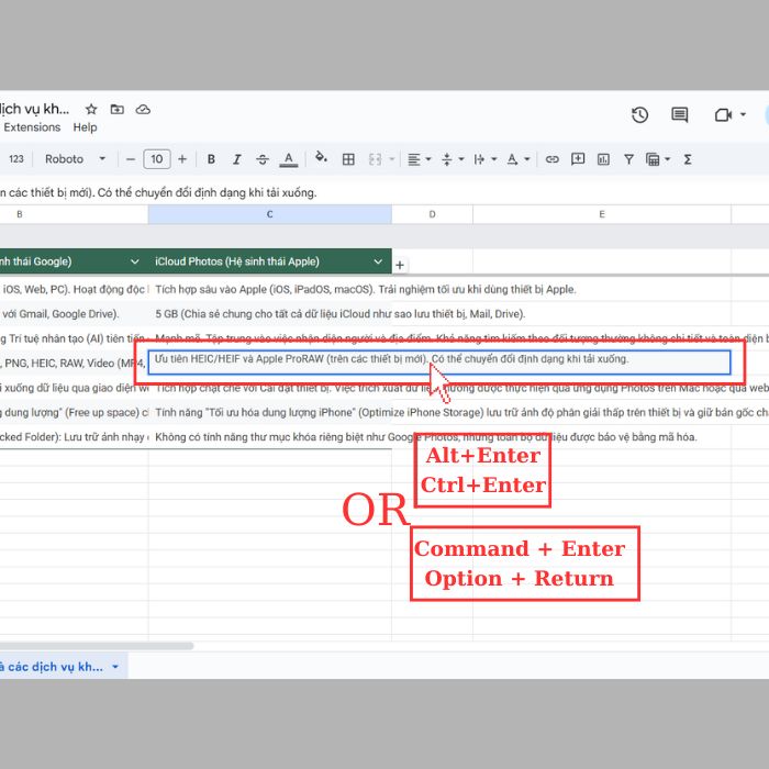 Cách xuống dòng trong 1 ô Google Sheets trên máy tính