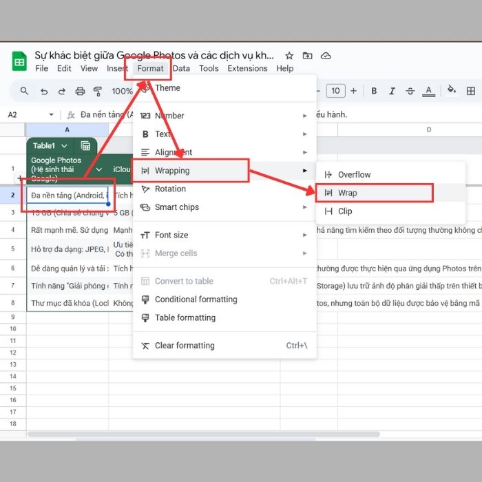 Cách xuống dòng trong 1 ô Google Sheets trên máy tính