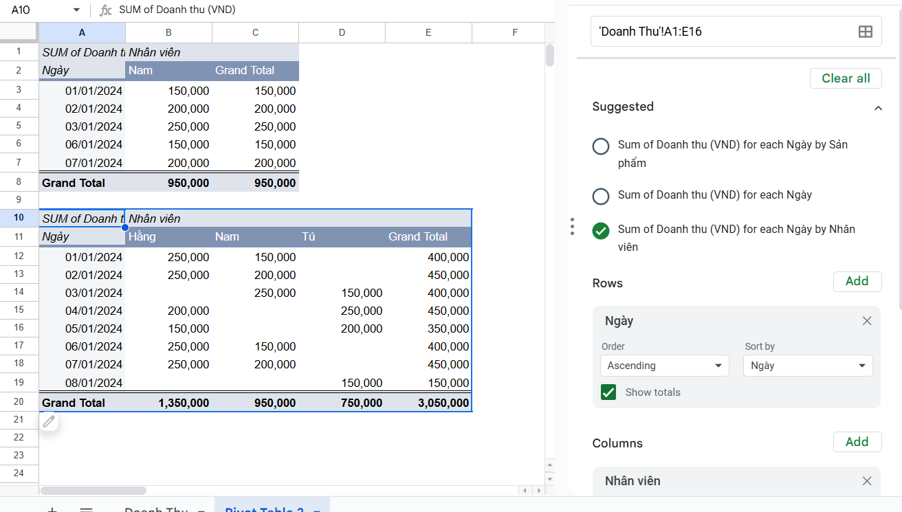 Cách tạo nhiều báo cáo trên cùng một Sheet