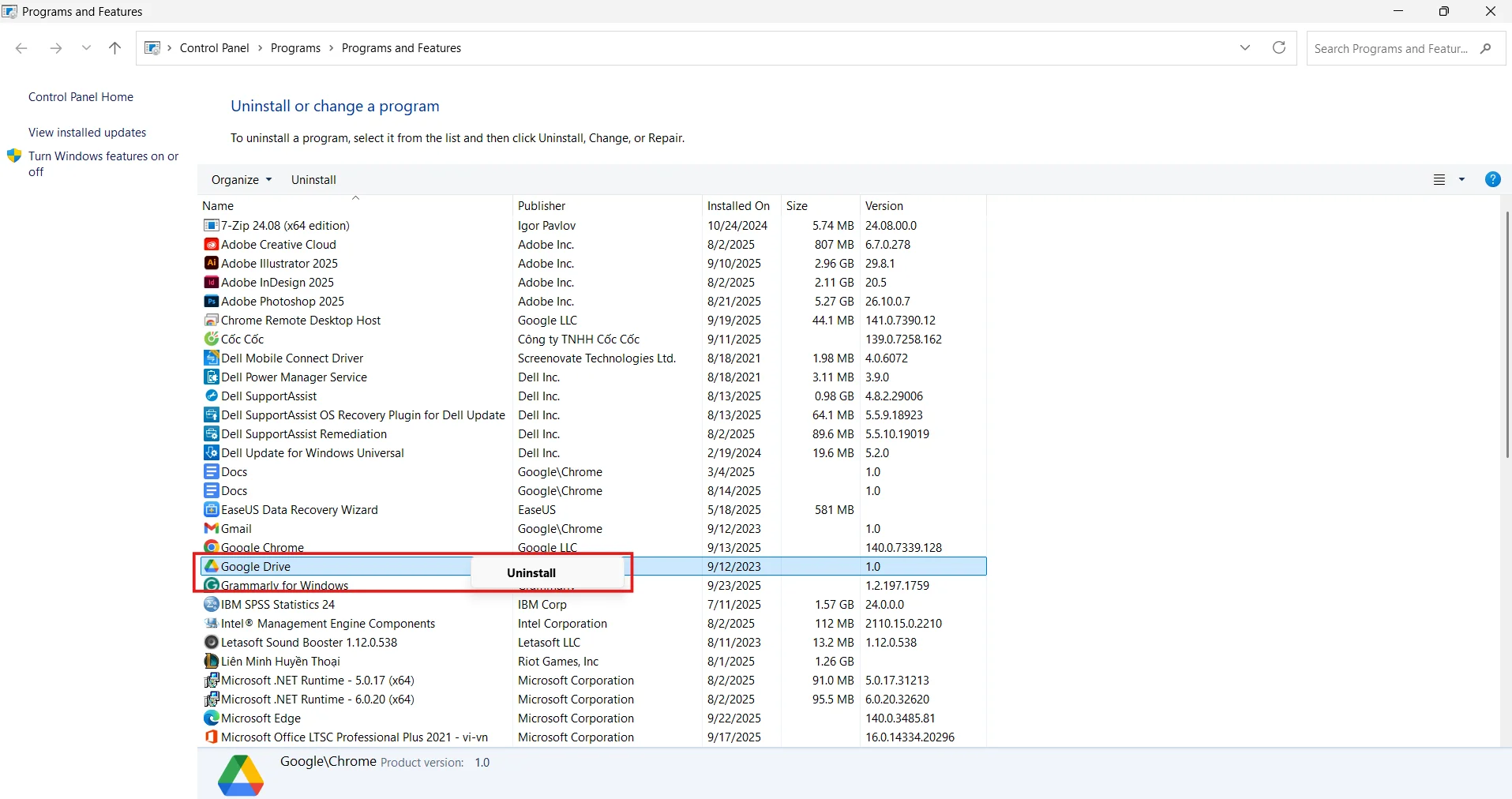 Cách gỡ Google Drive qua Control Pannel