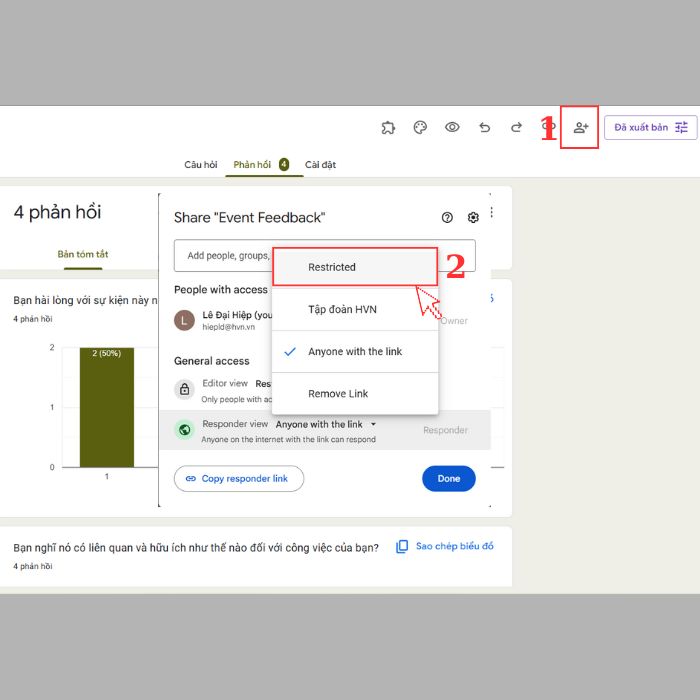 Cách đóng link Google Forms bằng giới hạn quyền truy cập