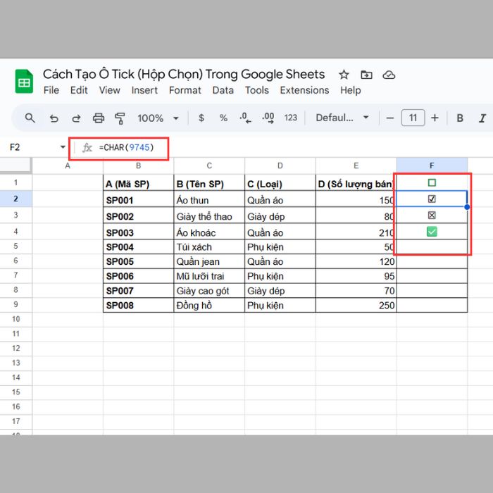 Hướng dẫn cách tạo ô tick trong Google Sheets