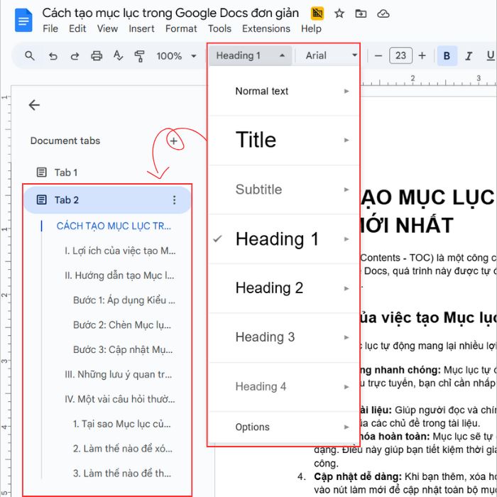 Hướng dẫn tạo mục lục trong GG Docs bản mới nhất