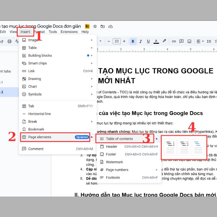 Hướng dẫn tạo mục lục trong GG Docs bản mới nhất