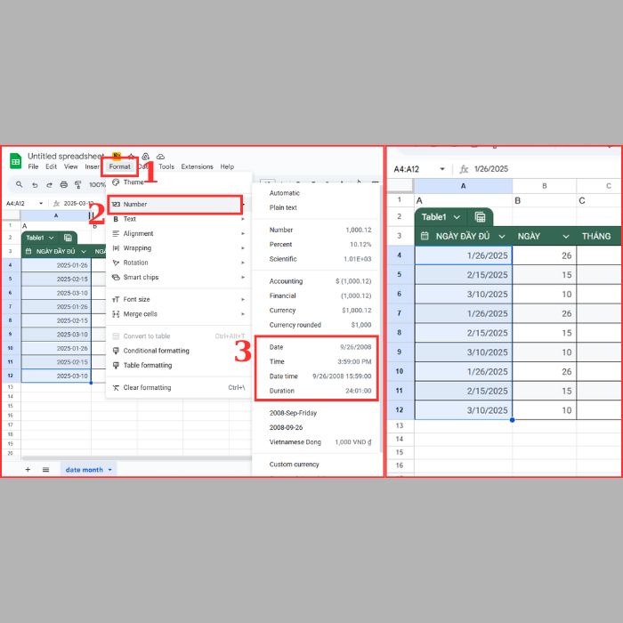 Cách định dạng ngày tháng trong Google Sheets bằng công cụ Định dạng