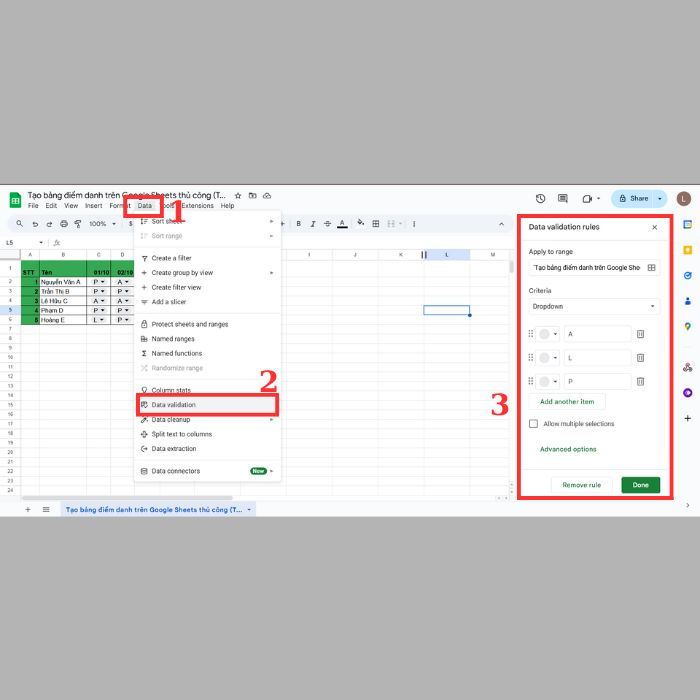 Tạo bảng điểm danh trên Google Sheets thủ công