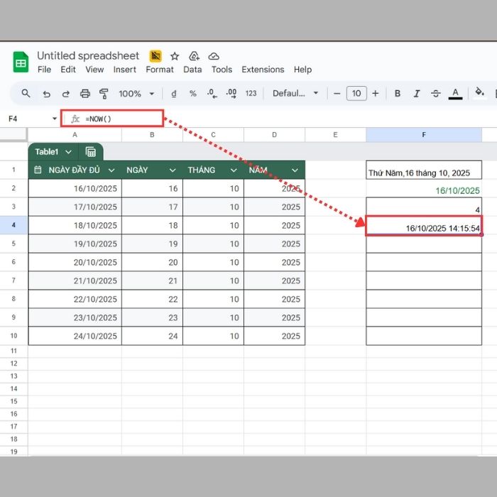 Định dạng ngày tháng trong Google Sheets bằng hàm NOW()