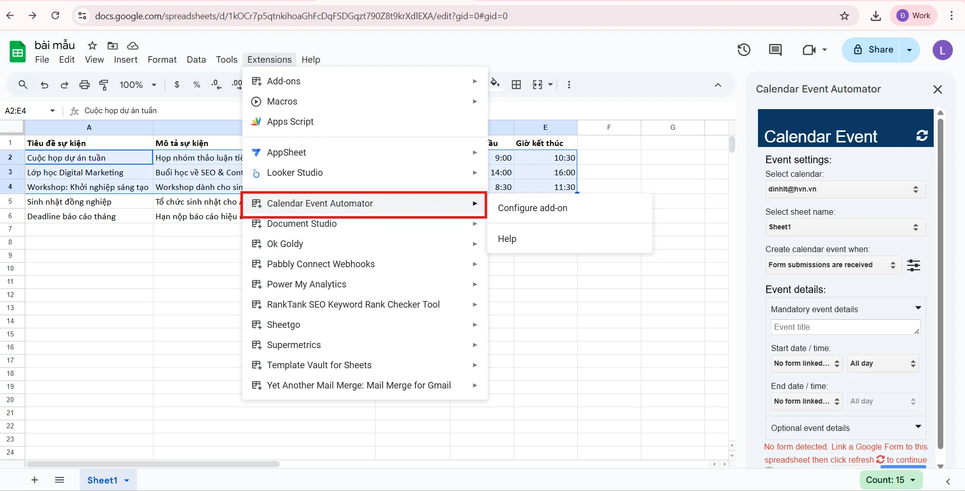 Cách liên kết Google Sheets với Google Calendar