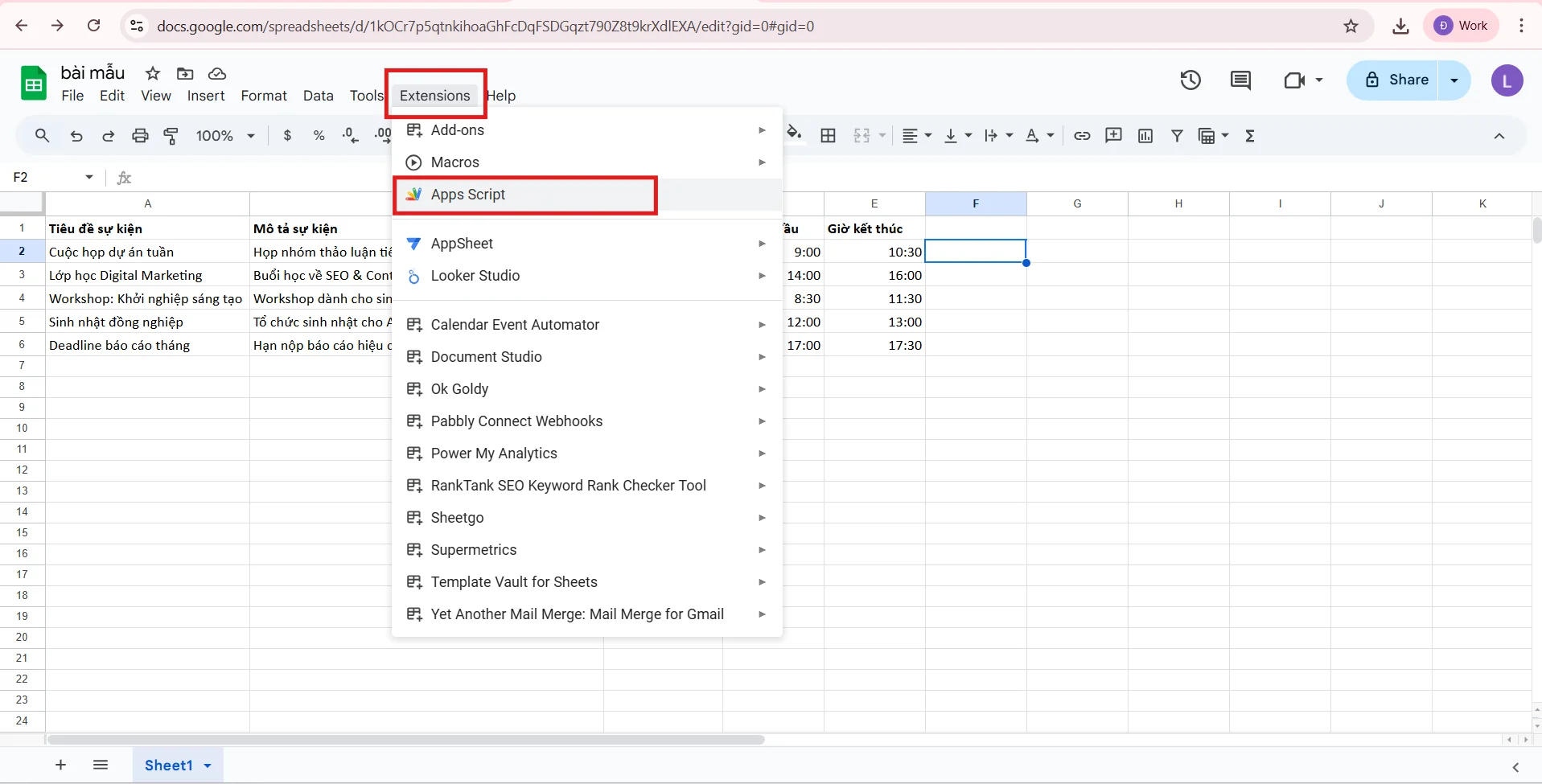 Cách liên kết Google Sheets với Google Calendar