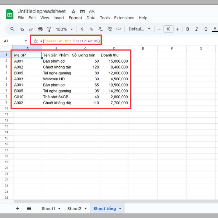 Gộp nhiều Sheet thành 1 Sheet trong Google Sheets bằng cú pháp Mảng Ngoặc nhọn
