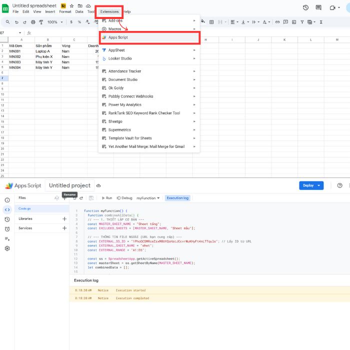 Gộp nhiều Sheet thành 1 Sheet trong Google Sheets bằng Google Apps Script
