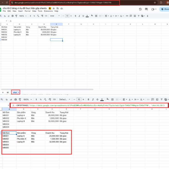 Gộp nhiều Sheet thành 1 Sheet trong Google Sheets bằng hàm IMPORTRANGE