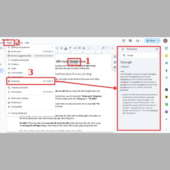Cách sử dụng từ điển trong Google Docs