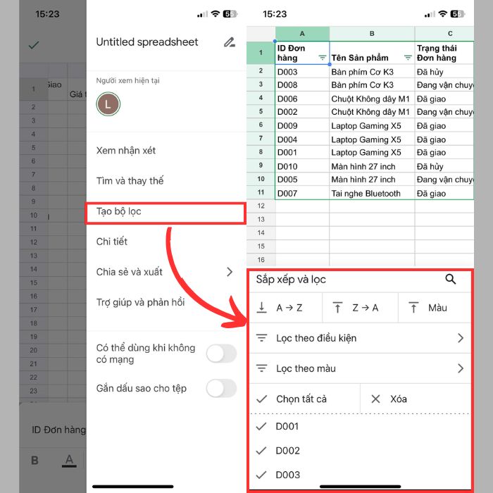 Hướng dẫn cách tạo bộ lọc trong Google Sheets bằng máy tính