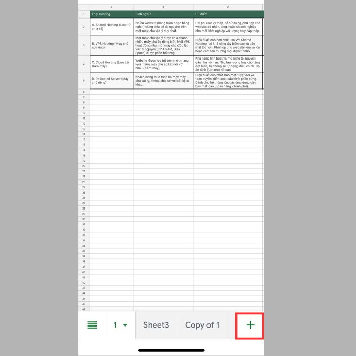 Thêm Sheet trong Google Sheets trên điện thoại