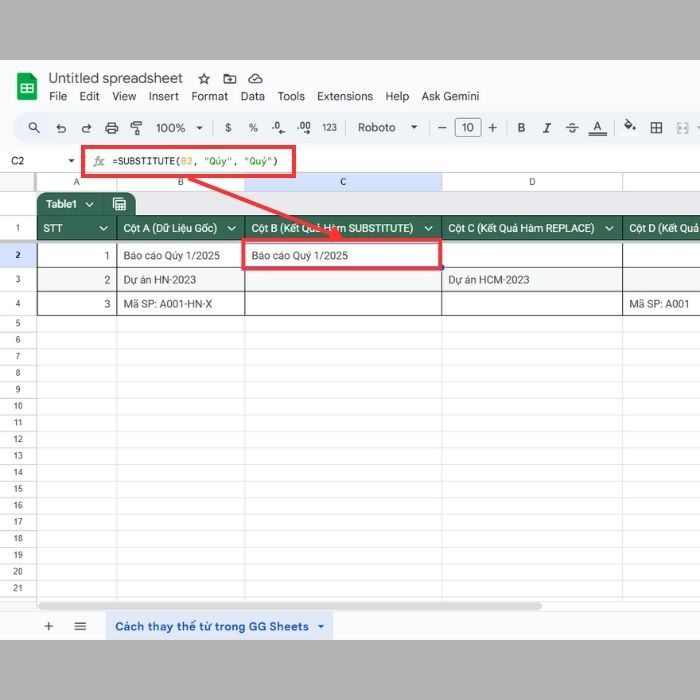 Cách thay thế từ trong Google Sheets bằng Công thức 