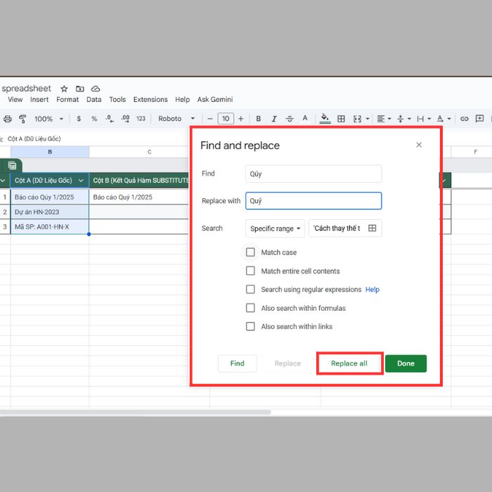 Cách thay thế từ trong Google Sheets bằng phương pháp thủ công/Trực tiếp 