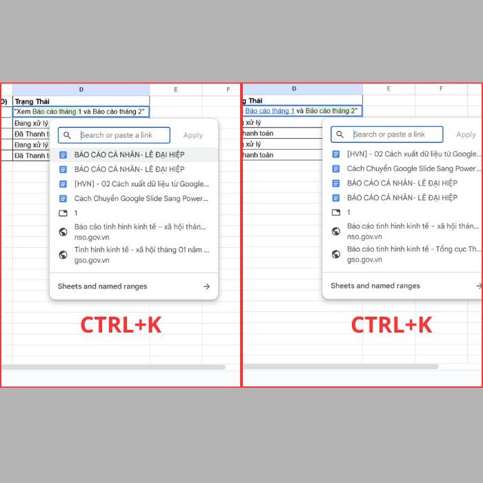 Hướng dẫn cách chèn link trong GG Sheets