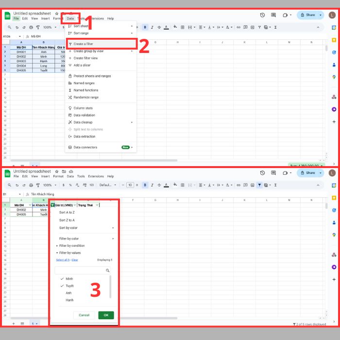 Tạo ô tìm kiếm trong Google Sheets bằng cách sử dụng Bộ lọc cơ bản