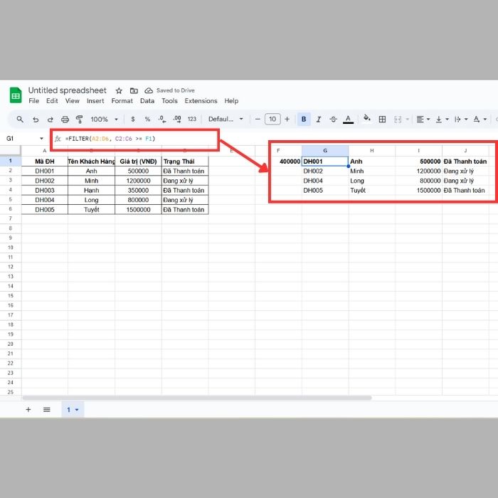 Tạo ô tìm kiếm trong Google Sheets bằng cách sử dụng Hàm FILTER