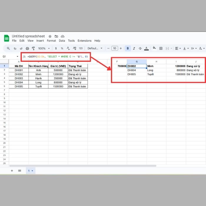Tạo ô tìm kiếm trong Google Sheets bằng cách sử dụng Hàm QUERY