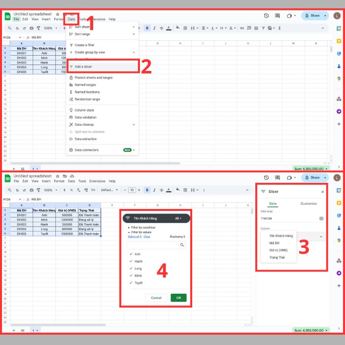 Tạo ô tìm kiếm trong Google Sheets bằng cách sử dụng Lát cắt