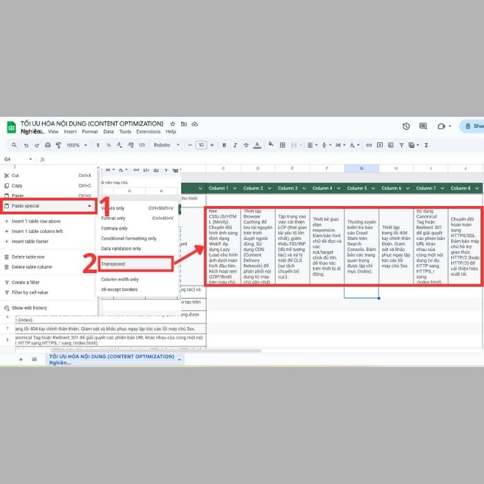 Cách chuyển cột thành hàng trong Google Sheets từ Cơ bản đến Nâng cao