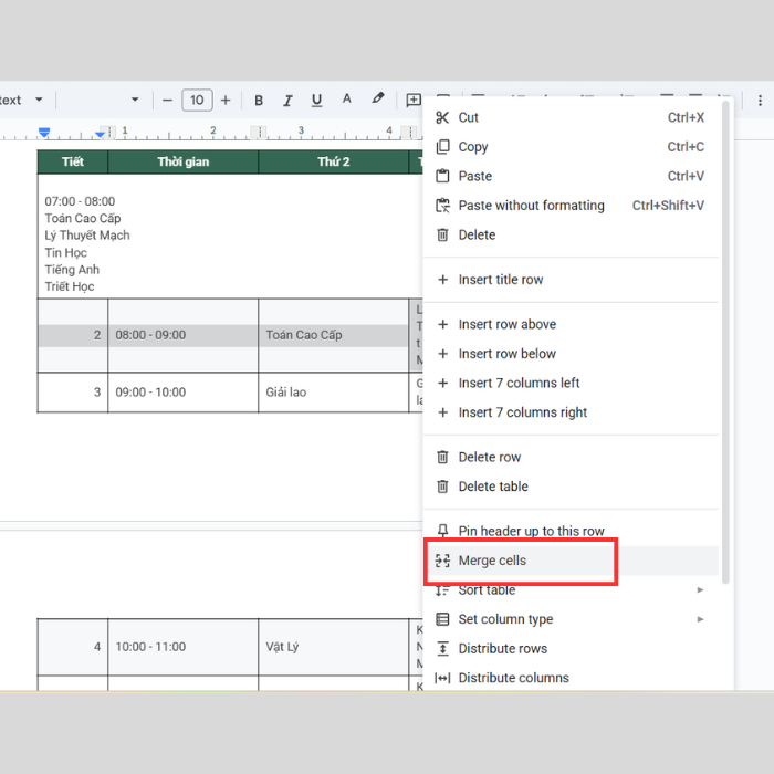 Cách gộp ô trong Google Docs trên máy tính