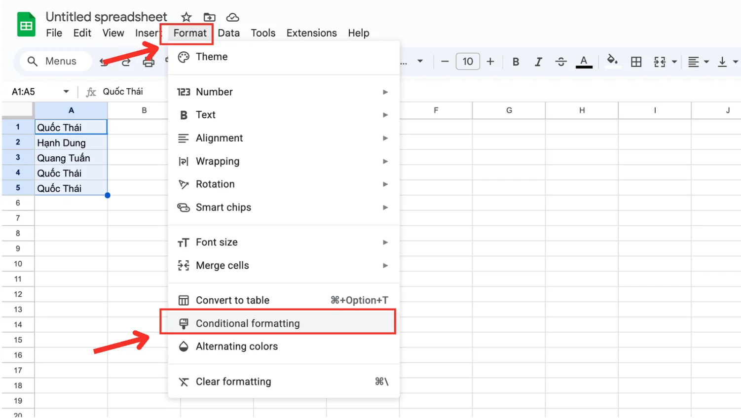 Cách lọc dữ liệu trùng lặp trong Google Sheets bằng Conditional Formatting