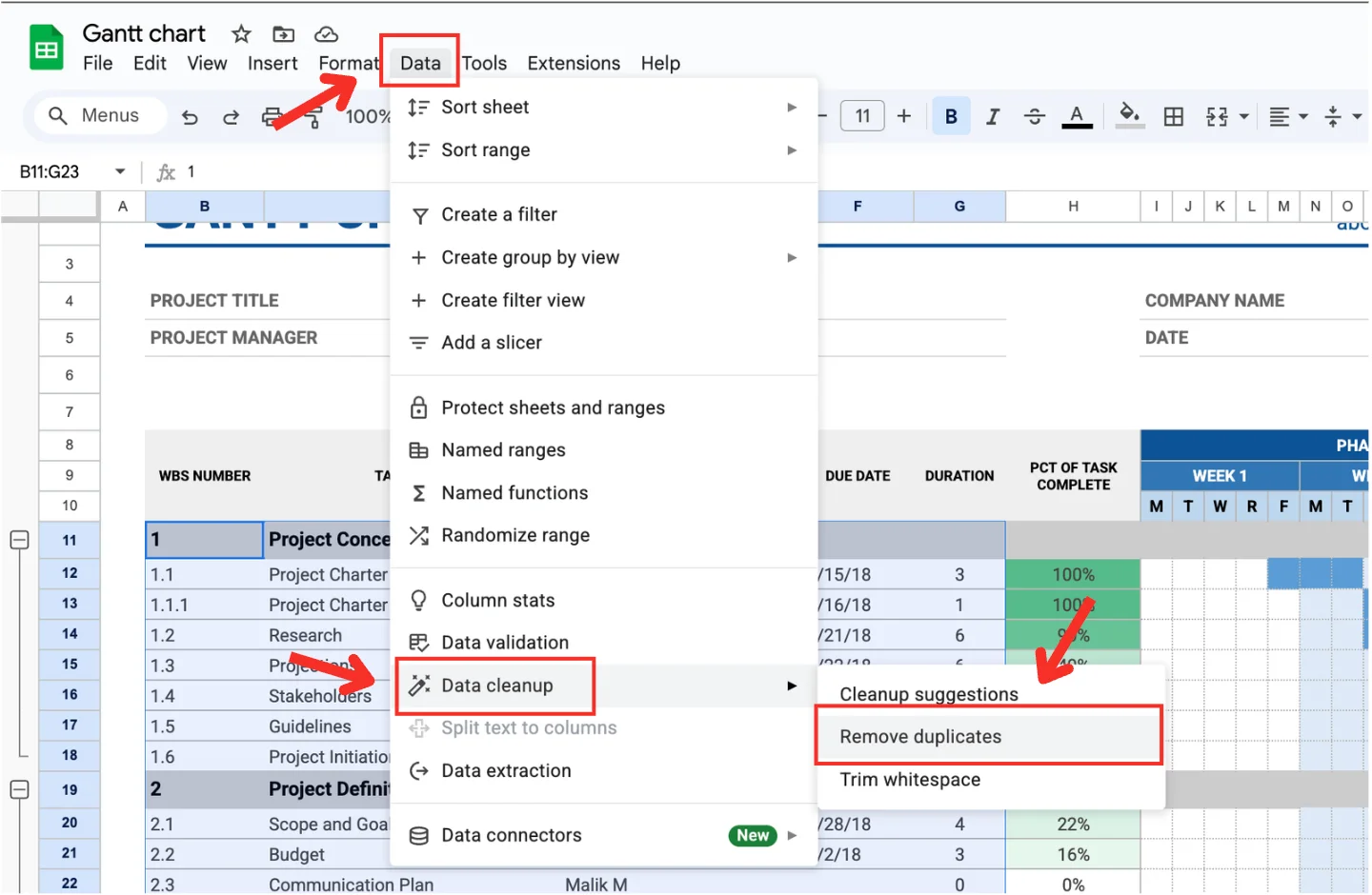 Cách lọc dữ liệu trùng trong Google Sheets bằng công cụ Remove duplicates.