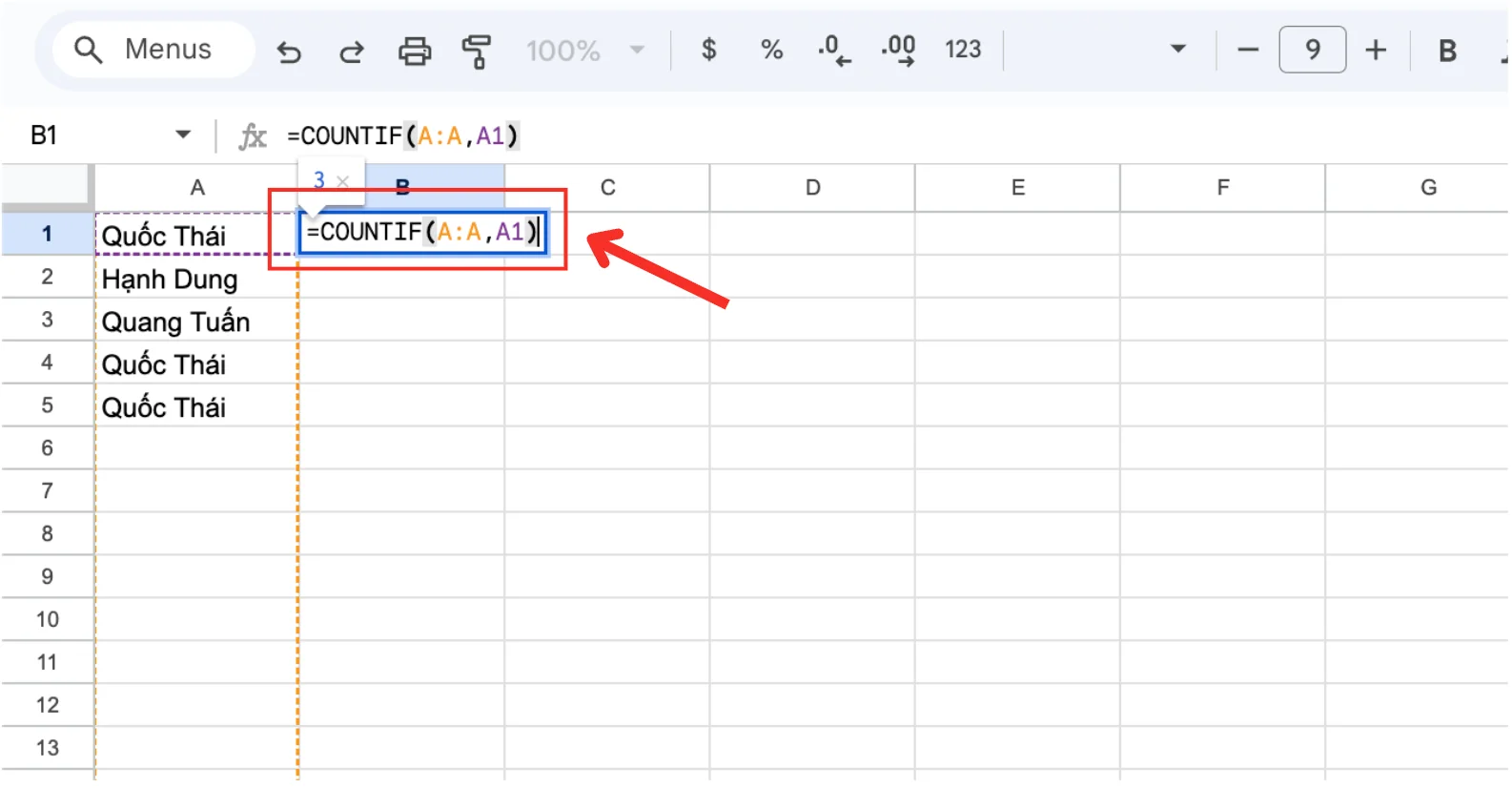 Cách lọc dữ liệu trùng trong Google Sheets bằng hàm COUNTIF.