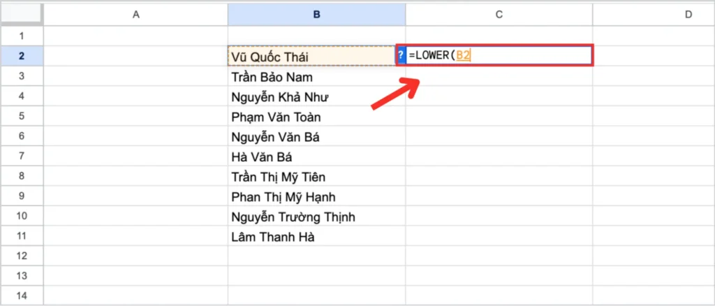 Dùng hàm LOWER (Chuyển tất cả chữ hoa thành chữ thường)