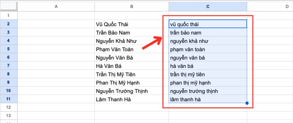Dùng hàm LOWER (Chuyển tất cả chữ hoa thành chữ thường)