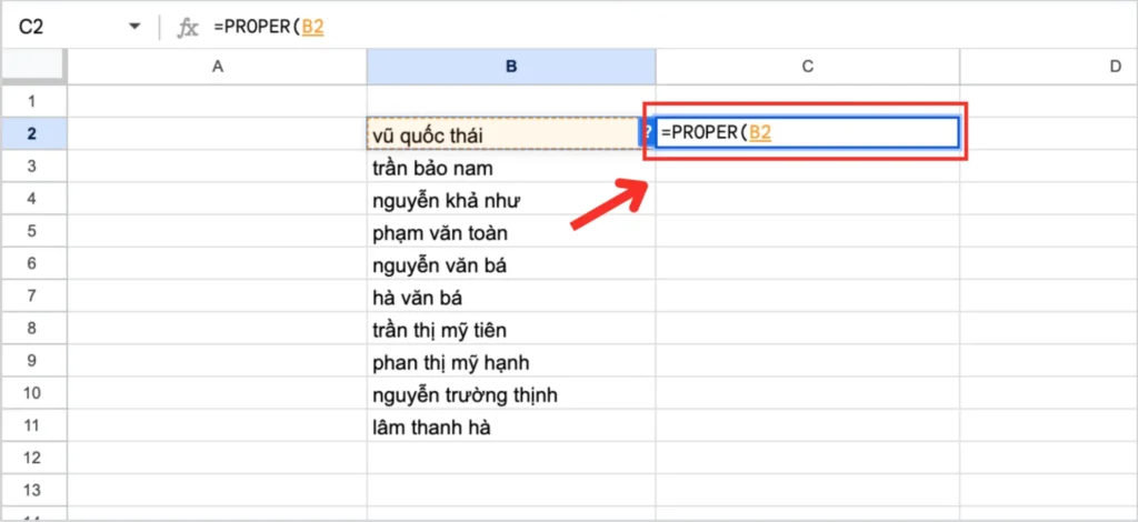Dùng hàm PROPER (Chuyển chữ cái đầu thành chữ hoa)