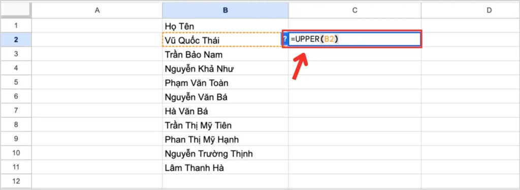 Dùng hàm UPPER để chuyển toàn bộ chữ thường thành chữ hoa.