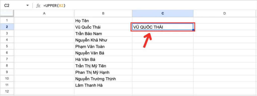 Dùng hàm UPPER để chuyển toàn bộ chữ thường thành chữ hoa.