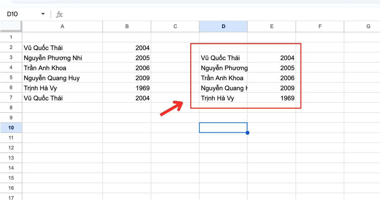 lọc dữ liệu trùng nhau trong GG Sheets bằng hàm UNIQUE.