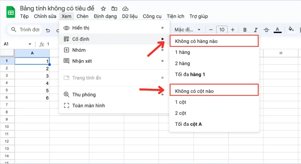 Cách bỏ cố định hàng và cột trong ứng dụng Google Sheets