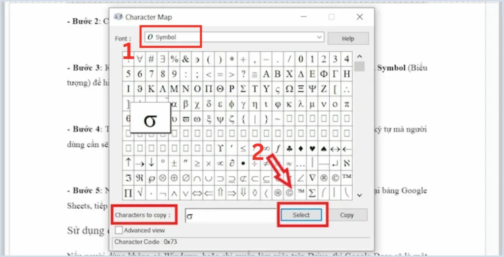 Cách chèn ký tự đặc biệt trong Google Sheets bằng bảng ký tự 