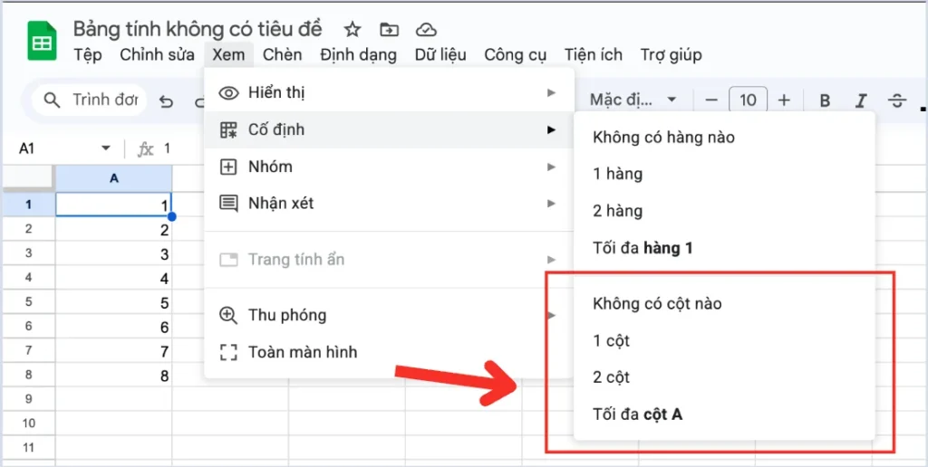 Cách cố định cột trong Google Sheets
