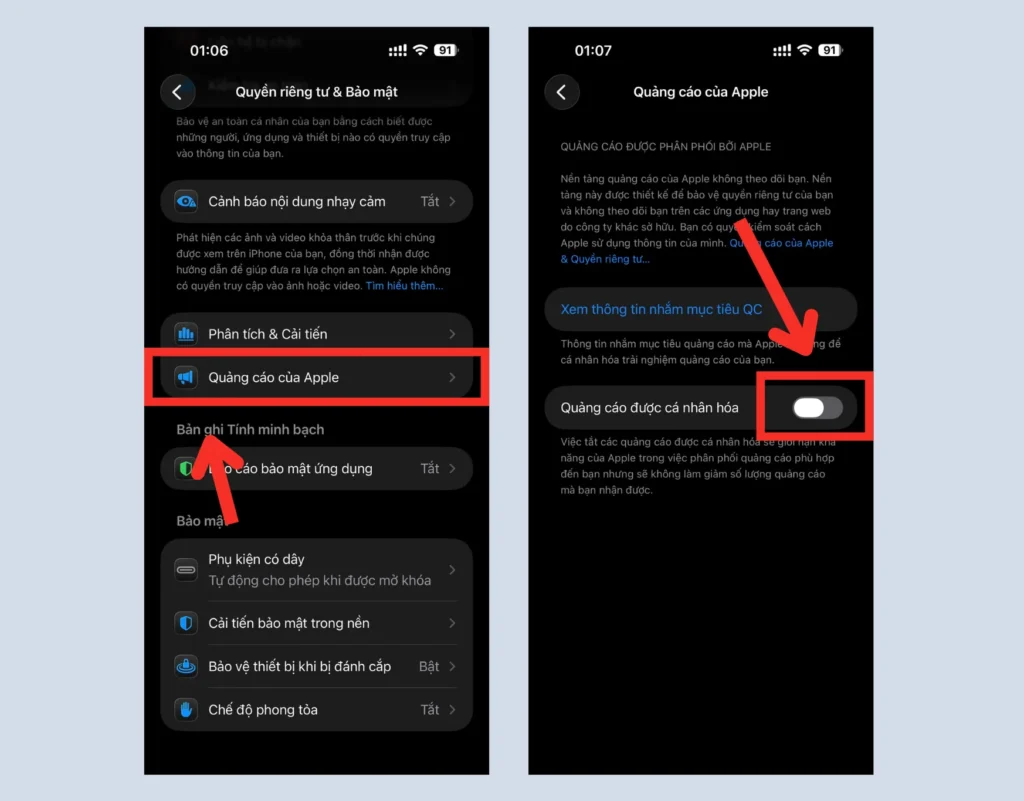 Cách tắt chặn quảng cáo trên điện thoại iPhone