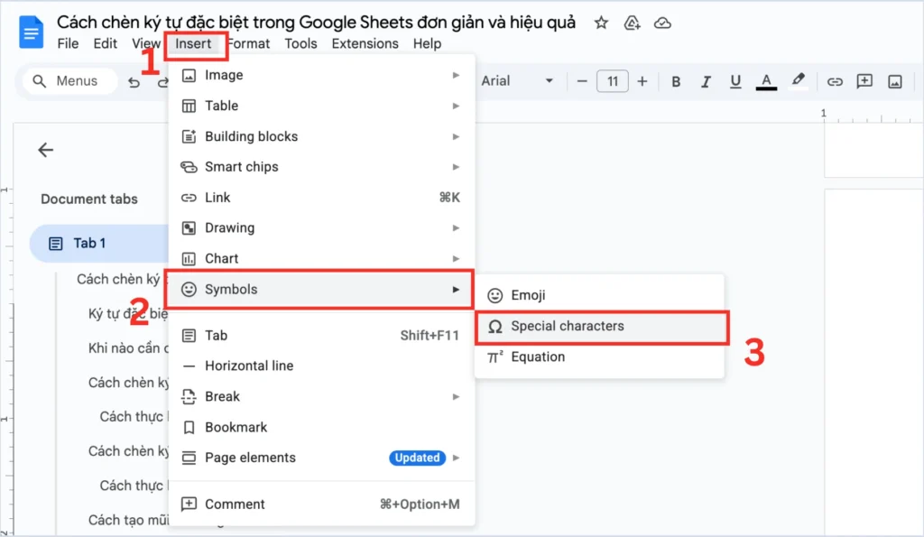 Chèn Symbol trong Google Sheets bằng Google Docs
