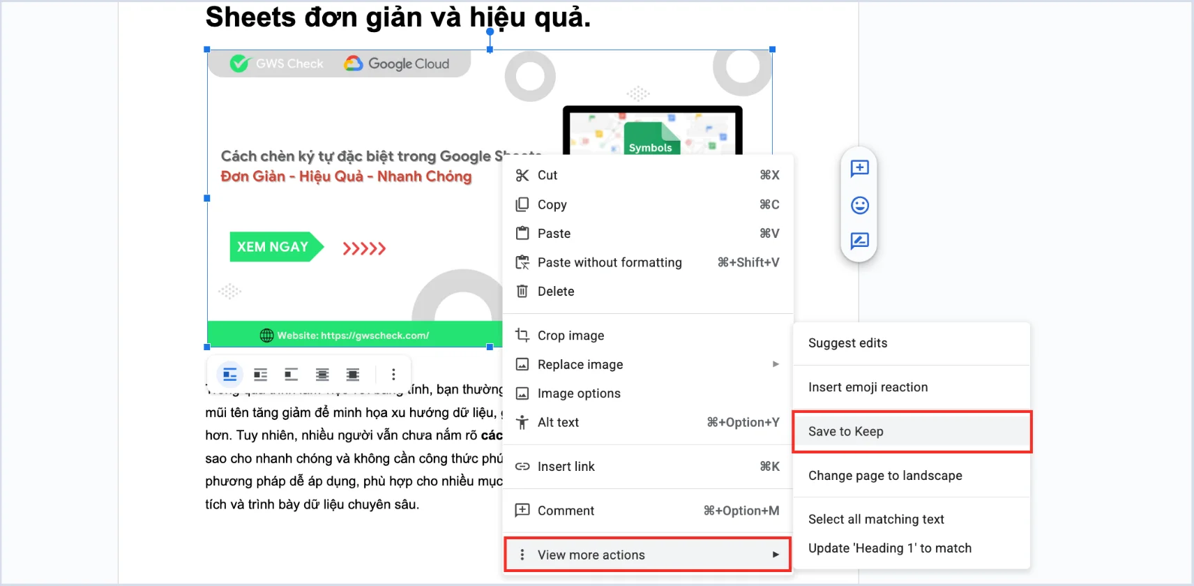 Tải ảnh từ Google Docs bằng cách sử dụng công cụ "Lưu vào Keep"