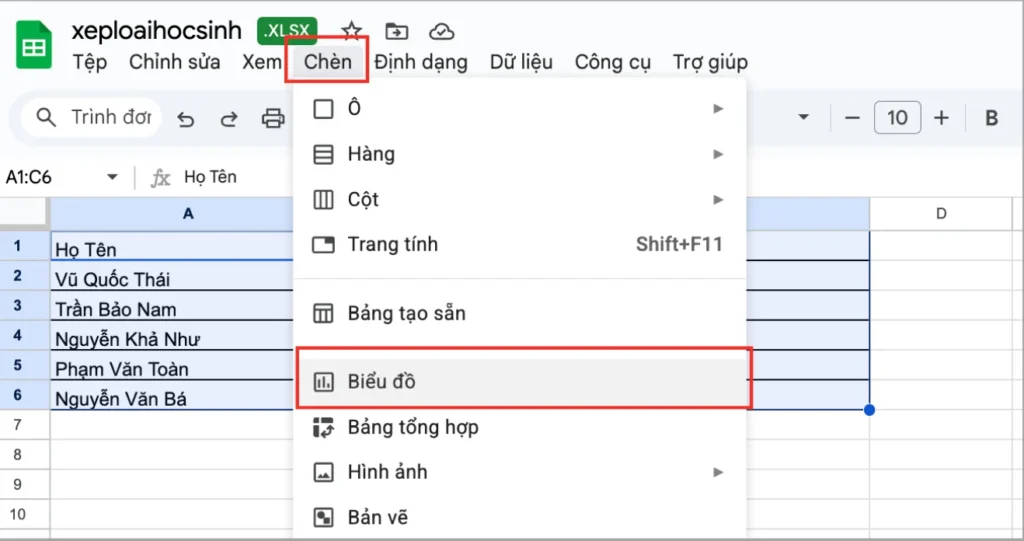 Cách làm biểu đồ trong GG Sheets từ bảng dữ liệu