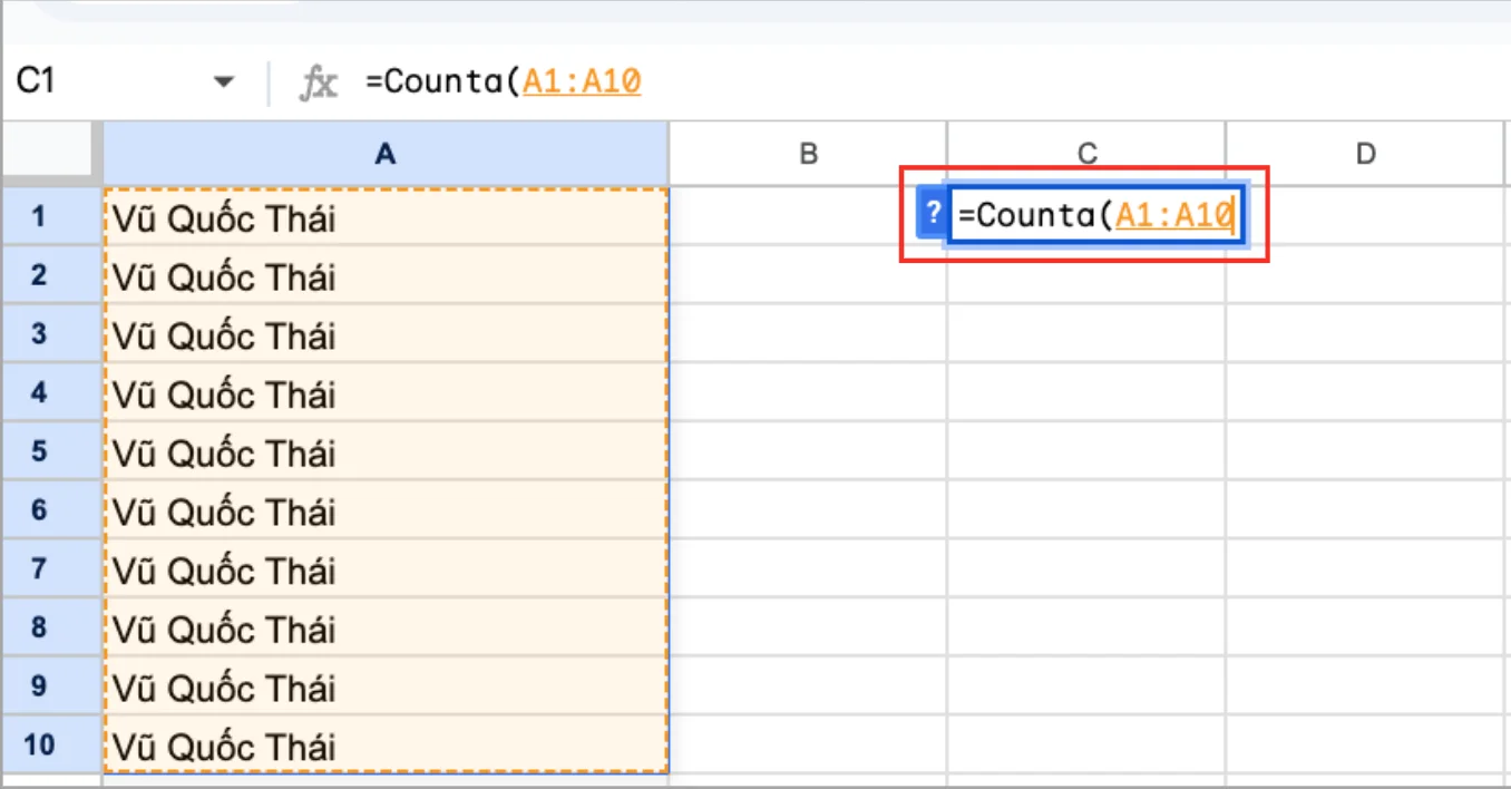 Công thức hàm COUNTA trong Google Sheets