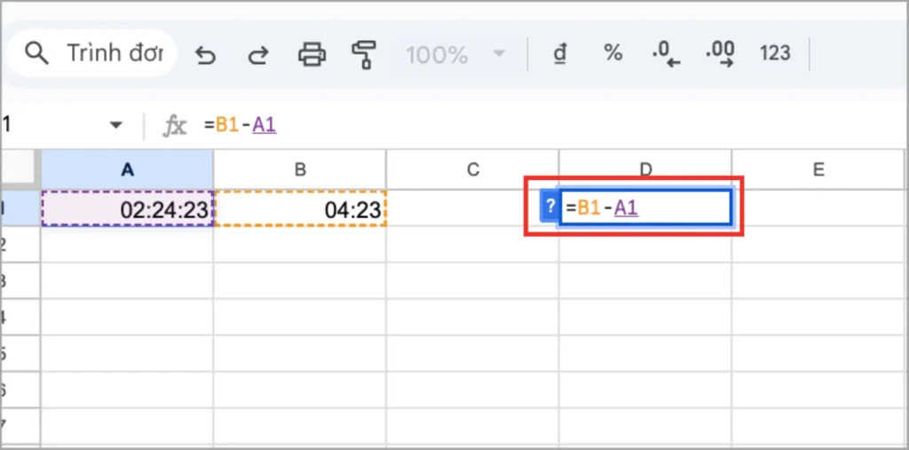 Cách trừ thời gian trong Google Sheets
