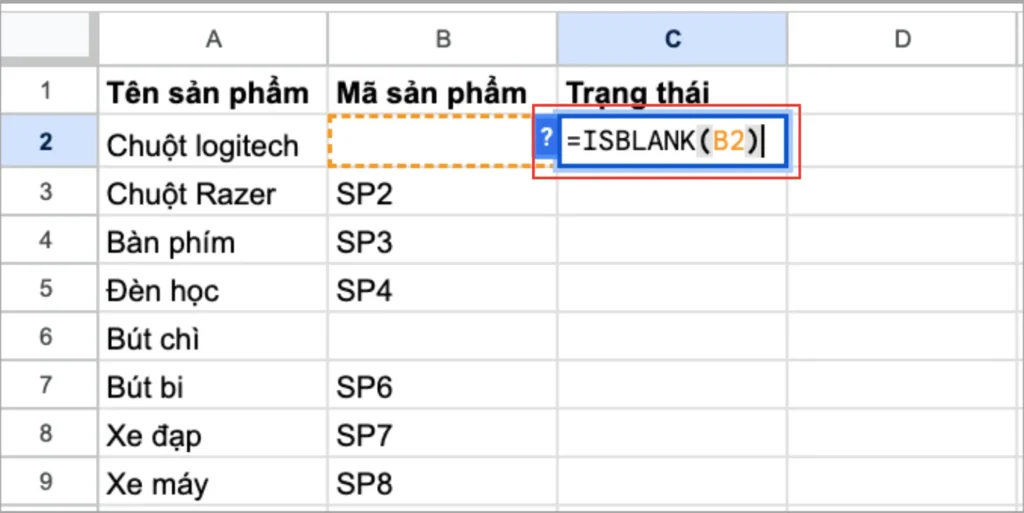 Cú pháp và cách dùng cơ bản của hàm ISBLANK trong Google Sheets
